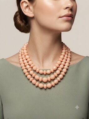 Vintage Style Triple Strand Peach Beaded Necklace | Faceted Rondelle Statement